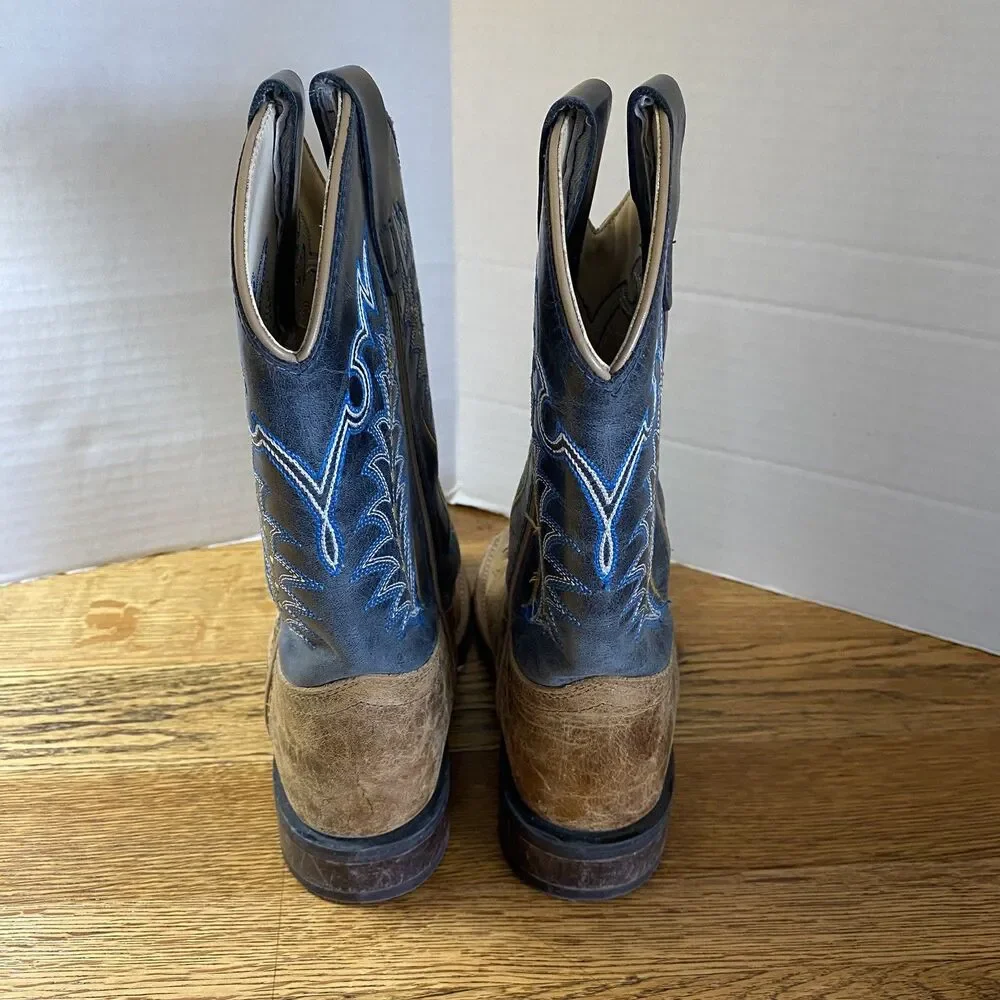 Old West Boys Square Toe Leather Cowboy Boots Sz 1.0 D Brown/Blue Pull On
